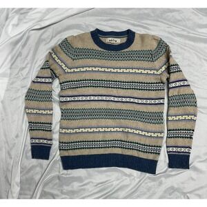 Mini Boden Fair Isle Sweater, Beige w/ Blue Trim & Stripes, Wool Blend, 11-12Y